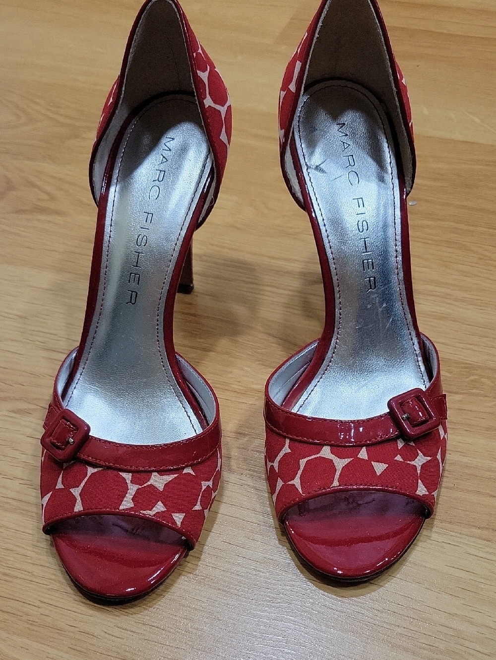Marc Fisher Red Patterned Open-Toe D'Orsay Heels